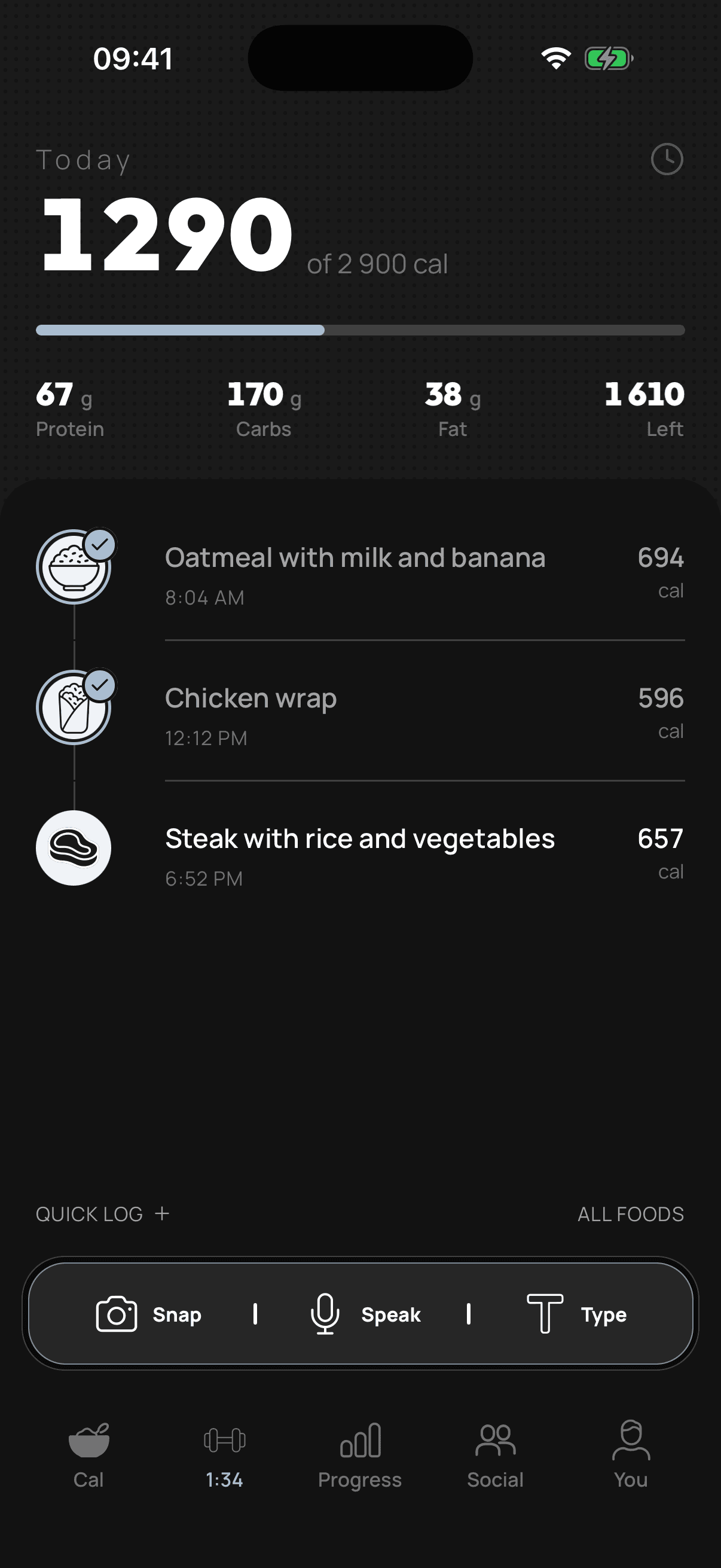 Bulk calorie tracking screen showing daily calories, macros, and logged meals