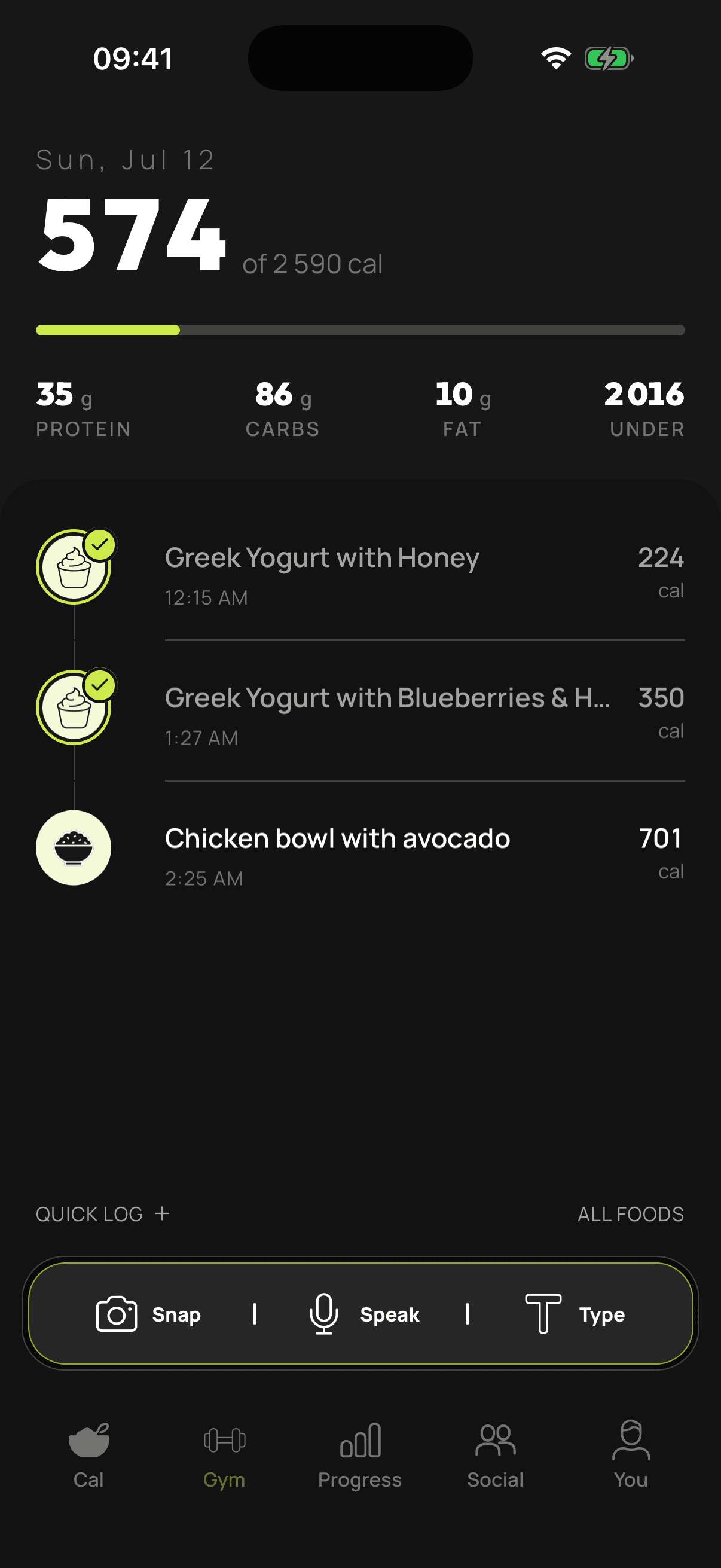 Bulk calorie tracking screen showing daily calories, macros, and logged meals