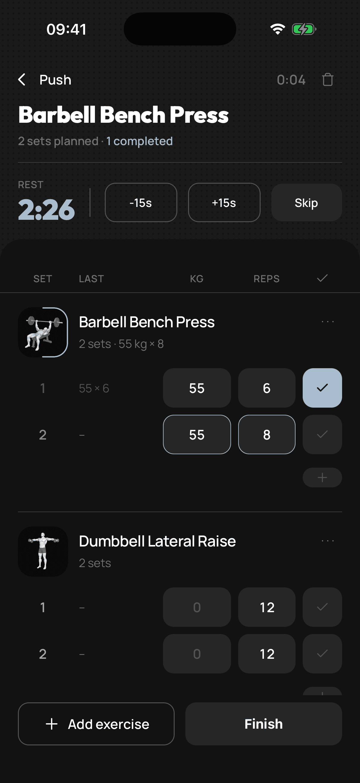 Bulk workout tracking screen showing an active push session with sets and rest timer